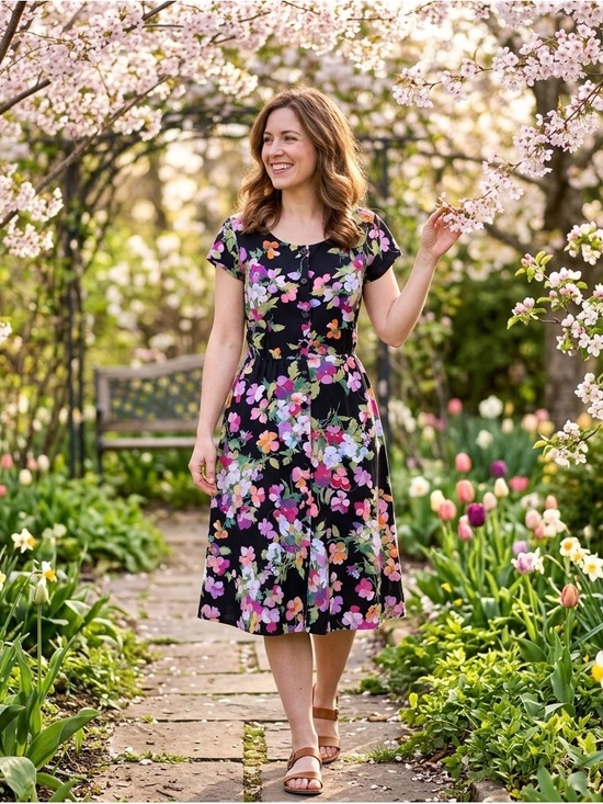 Avon Fashions Dresses & Skirts - Vintage Avon Fashion Floral Midi Dress 7/8 Black Cotton Fit and Flare 90s